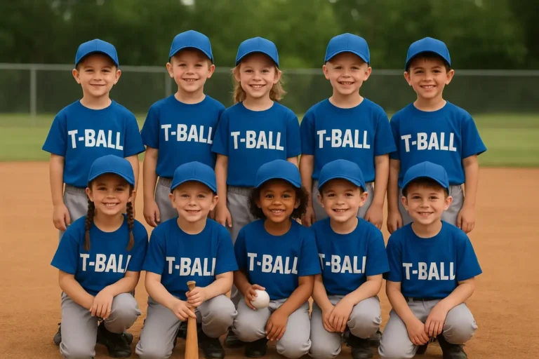 A youth T-ball team posing together in blue uniforms on a baseball field showing t-ball team names.