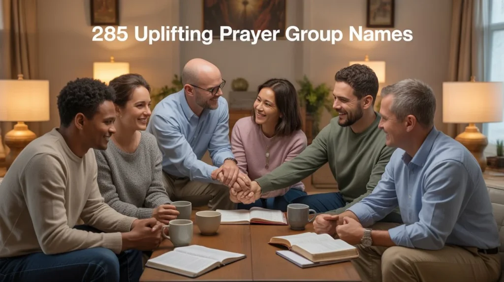 a group of adults (men and women) engaging in a friendly prayer or faith-based discussion indoors. Include natural smiles, calm and peaceful expressions, hands joined or resting on a table with open Bibles or notebooks. Warm lighting, casual clothing, cozy indoor environment, subtle decor. Image conveys inspiration, unity, and spiritual connection.