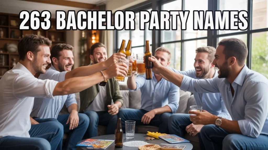 a photo of adult men (and optional women) at a bachelor party, playing games, cheering, or toasting with drinks. Include natural lighting, casual clothing, and playful expressions. The atmosphere should feel fun, bold, and adventurous.