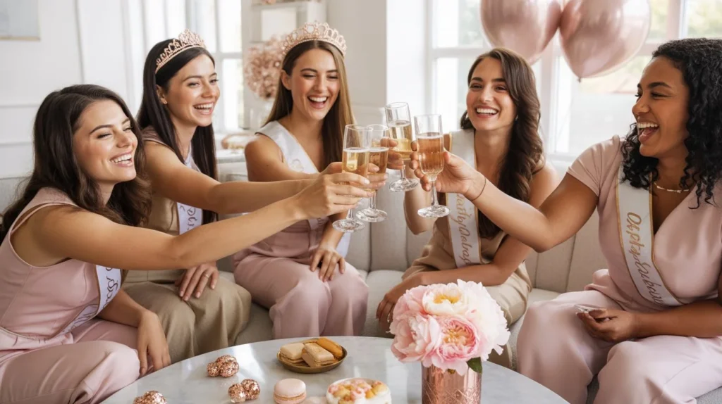 a photo of a group of adult women enjoying a bachelorette party at a party, spa, or game night. Include champagne, decorations, and playful expressions. Lighting should be natural and festive. Image conveys fun, friendship, and celebration. 