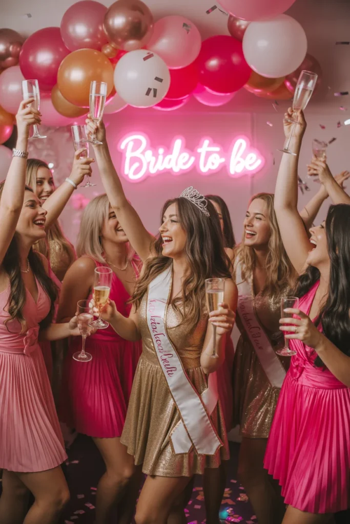Fun bachelorette party with balloons, confetti, bride squad dancing, neon sign “Bride to Be”, vibrant aesthetic