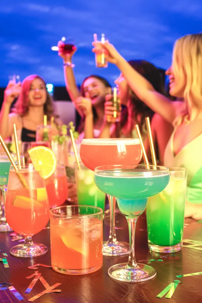 ultra-realistic vertical image of colorful cocktails on a party table, neon lights, friends cheering glasses, vibrant nightlife, cinematic lighting, high detail, Pinterest viral style
