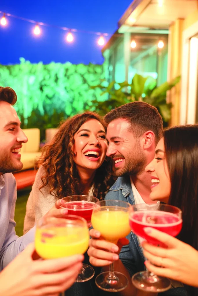 group of friends laughing and holding drinks, outdoor party, warm lighting, candid joyful moment, modern lifestyle photography, ultra HD