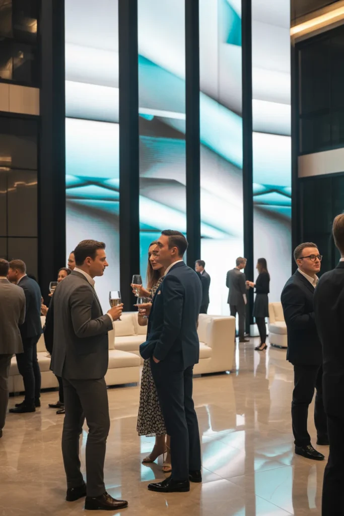 Vertical image of a professional corporate event, modern stage, LED screens, business people networking, premium setup, clean and stylish design