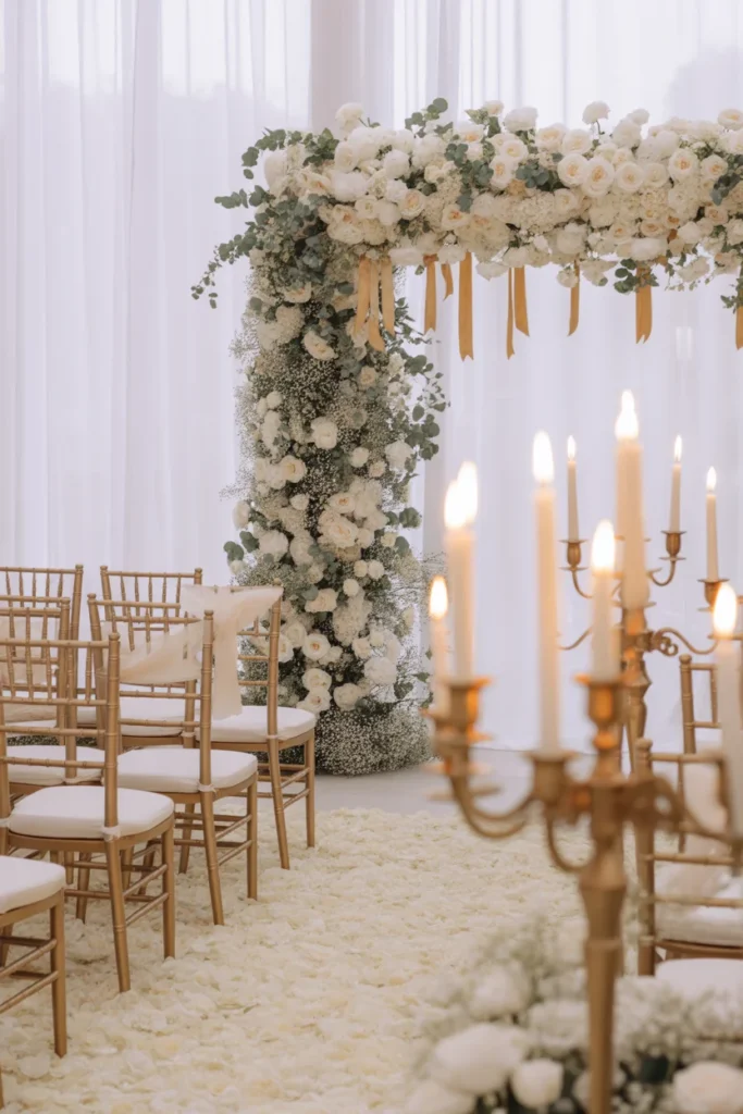 Vertical image of a romantic wedding setup, white and gold theme, floral arches, candles, elegant seating, dreamy atmosphere, luxury wedding planning aesthetic