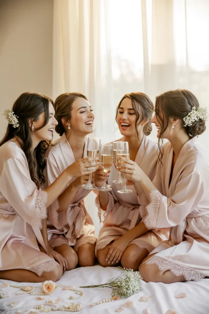 Bridesmaids laughing together, holding champagne glasses, wearing matching outfits, wedding prep vibes, soft pastel colors, Pinterest style