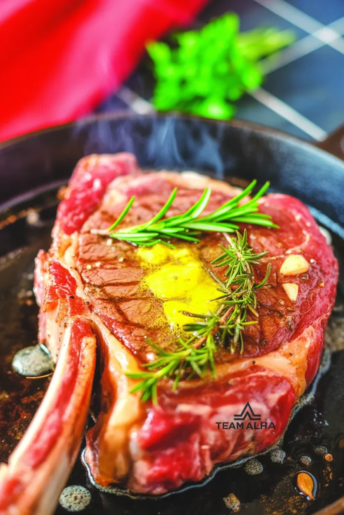 cinematic vertical shot of sizzling steak, herbs, garlic, butter melting, dark background, dramatic lighting, high contrast, professional food photography, ultra realistic