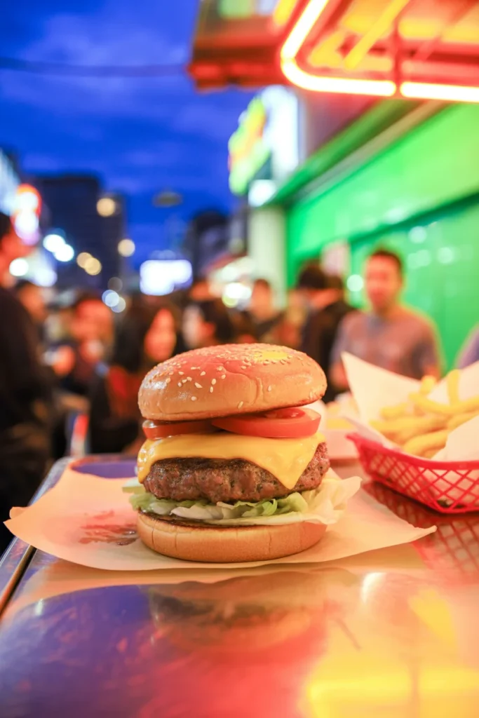 vibrant street food market scene, burgers, fries, neon lights, night atmosphere, candid food photography, urban aesthetic, ultra HD vertical