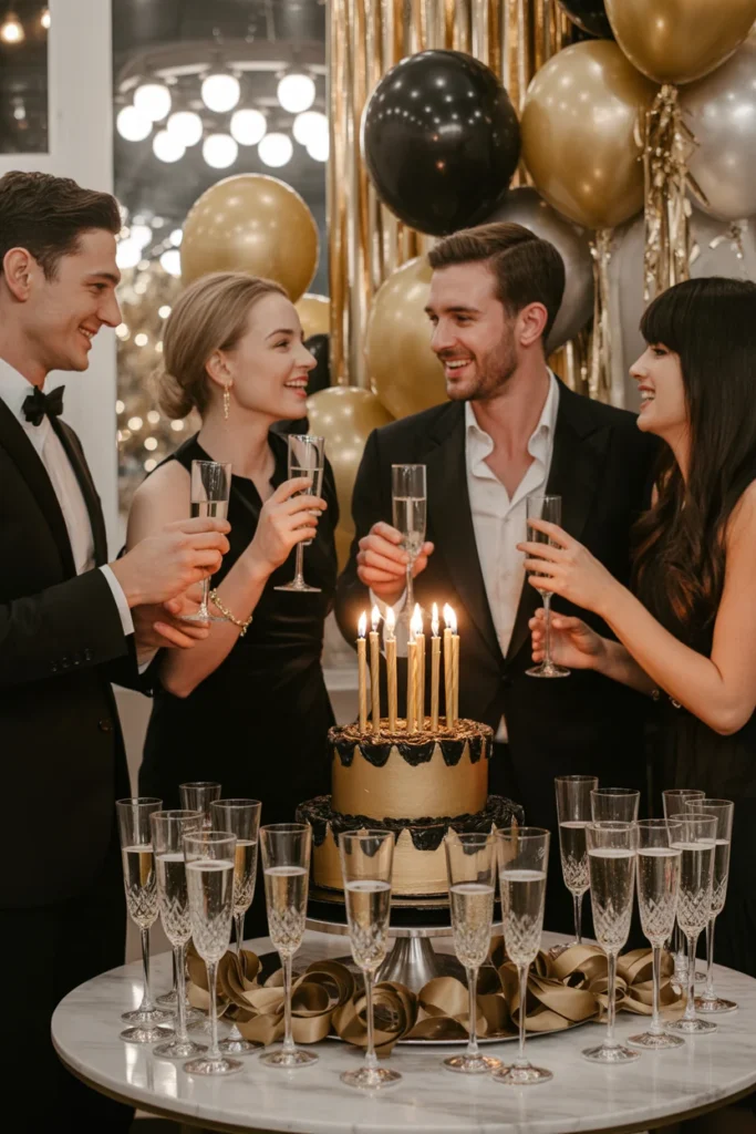 image of a sophisticated adult birthday party, golden & black decor, champagne glasses, guests in classy attire, cake with candles, stylish lighting, vertical layout.