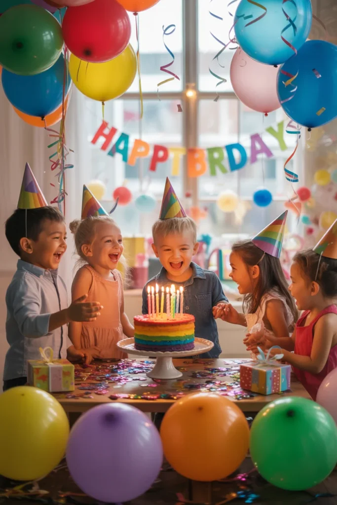 image of a lively birthday celebration with kids playing, rainbow balloons, confetti falling, cake on table, bright decorations, smiling faces, high energy, friendly layout.