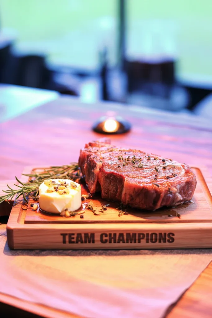 cinematic vertical shot of sizzling steak, herbs, garlic, butter melting, dark background, dramatic lighting, high contrast, professional food photography, ultra realistic.. showing team names