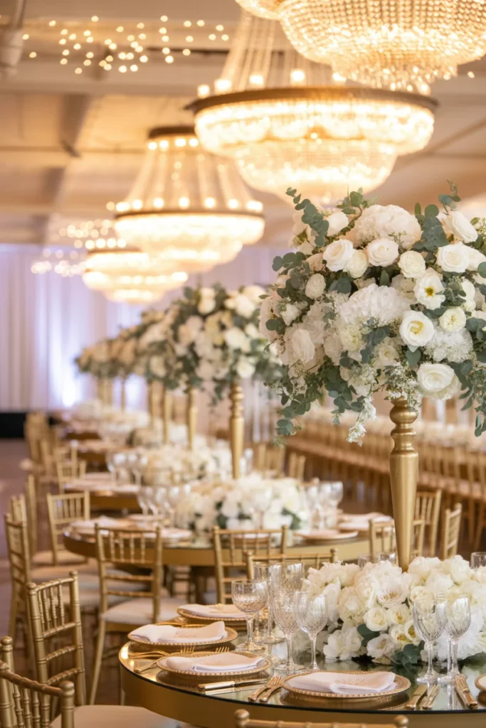  image of a luxurious event setup with golden decor, chandeliers, floral arrangements, elegant tables, soft lighting, high-end wedding or gala vibe, ultra HD, style