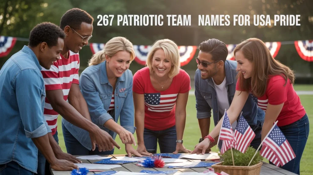 photo of a mixed group of adults (male and female) wearing patriotic clothing, gathered around a table or field planning or celebrating a team event. Include American flags and subtle decorations. People are smiling, cheering, and showing unity. 