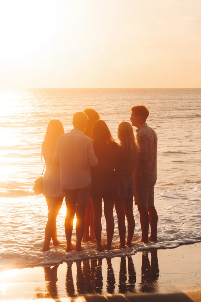 golden hour beach scene, soft sunlight, ocean waves, aesthetic girls and boys showing team squad silhouette, warm tones, dreamy vibe, ultra HD,