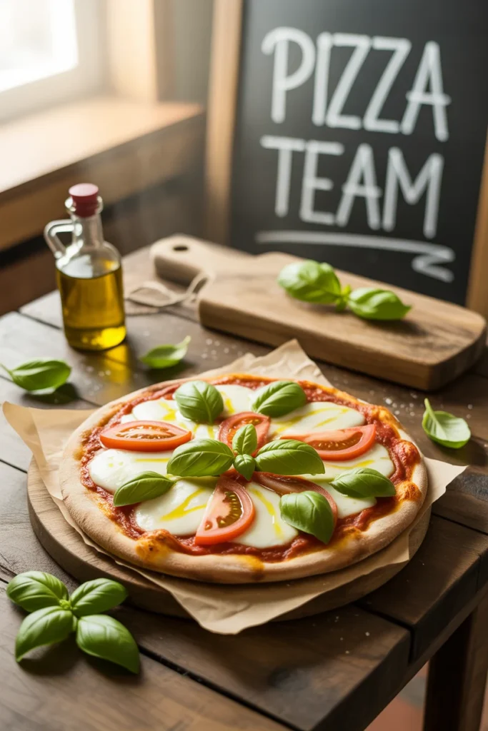 artisan pizza on wooden table, fresh basil, olive oil drizzle, rustic Italian vibe, soft natural lighting, premium food photography